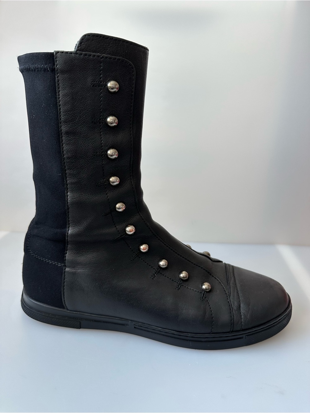 AUTHENTIC STUART WEITZMAN Studded Mid-Calf Black Leather Pull Boots - Picture 11 of 15